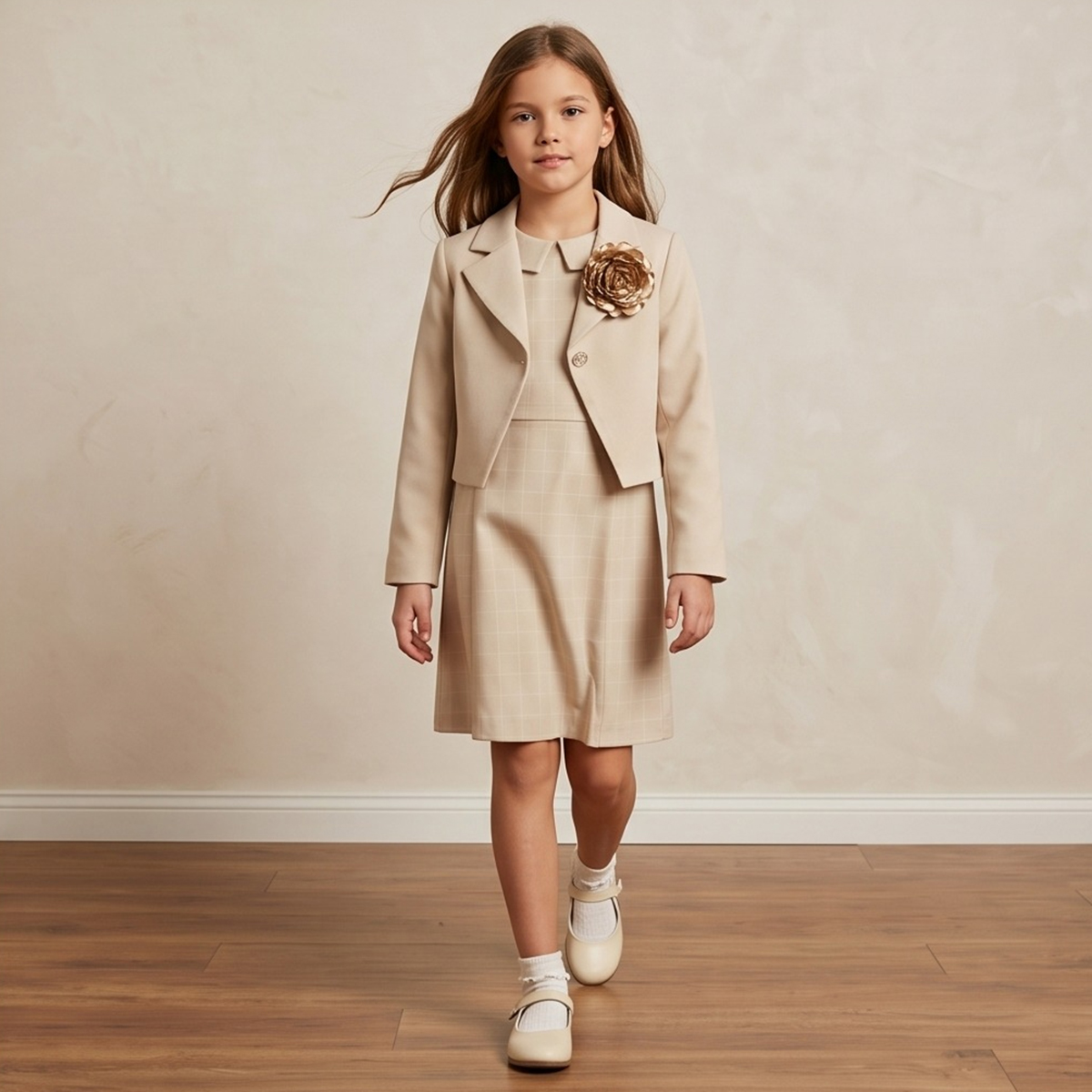 Girls Dress Cotton Plain Long Sleeve Beige