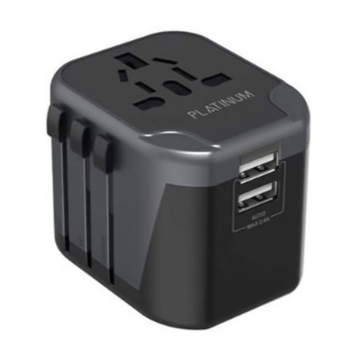 محول سفر بلاتينيوم عالمي مزدوج USB 2.4A أسود P-UTAUSB2BK