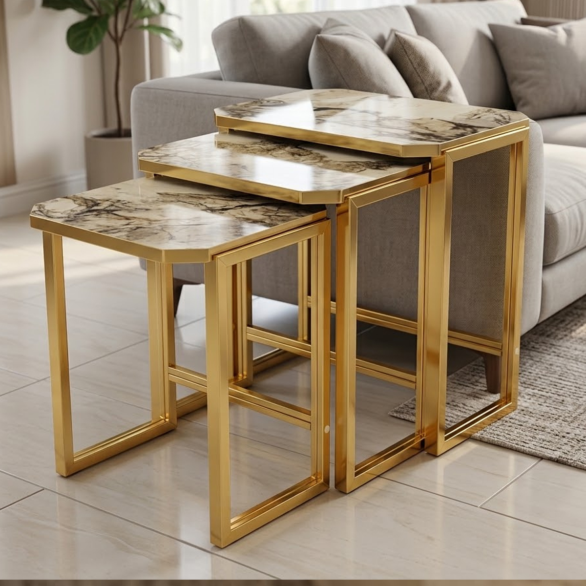 Octagonal Marble-Look Nesting Tables with a Gold Metal Frame Set 3 Pieces