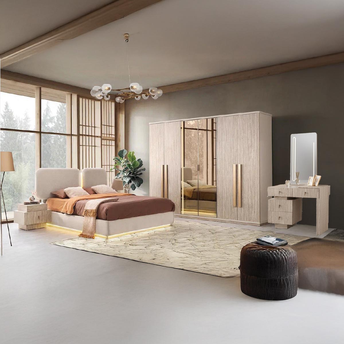 Kapadokya Modern Bedroom Set (180x200cm Bed, 1x6 Door Wardrobe, 2 Night Stand, 1 Dressing Table)