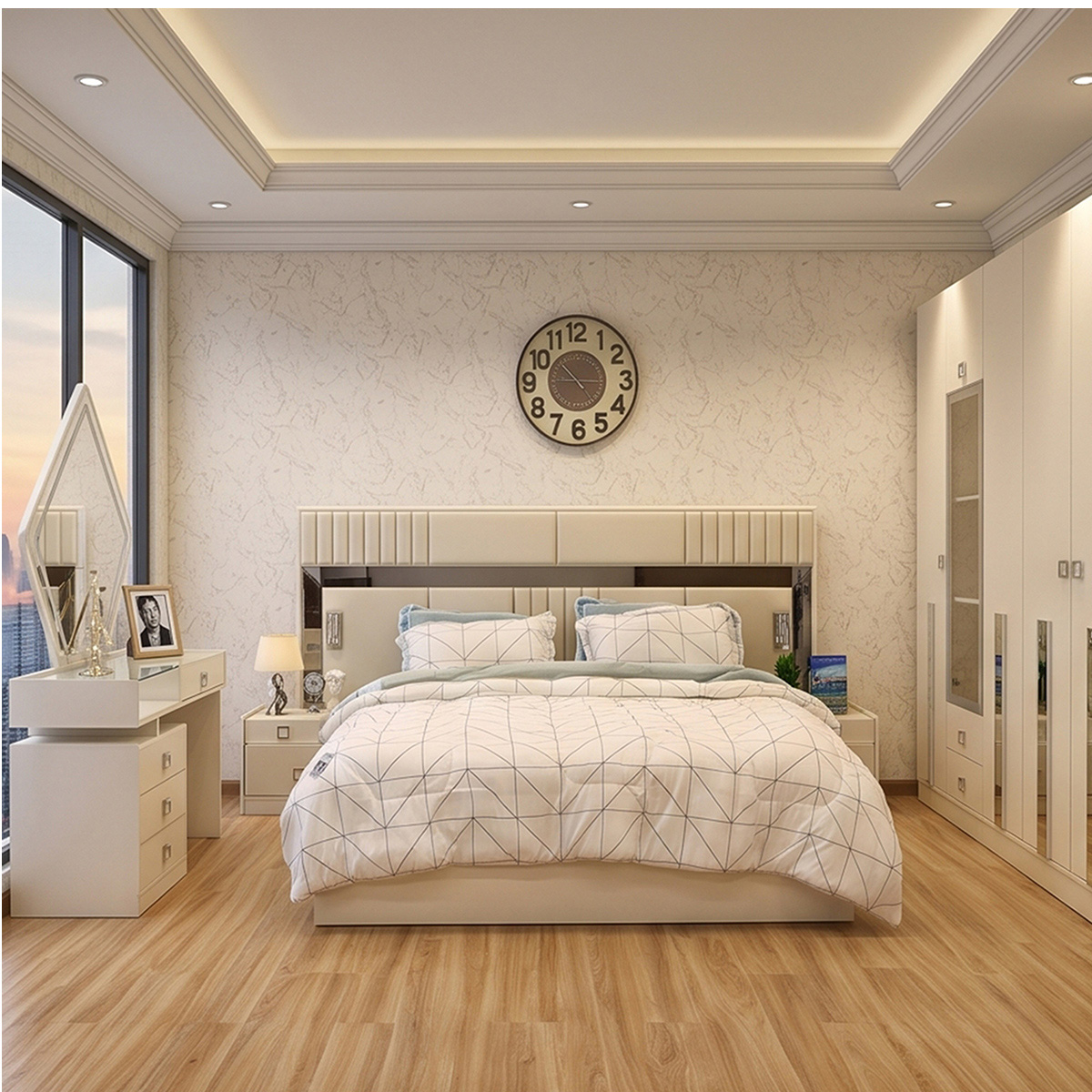 Modern Bedroom Set (1 Bed 180x200cm, 1x6 Door Wardrobe, 2 Night Stand, 1 Dressing Table)