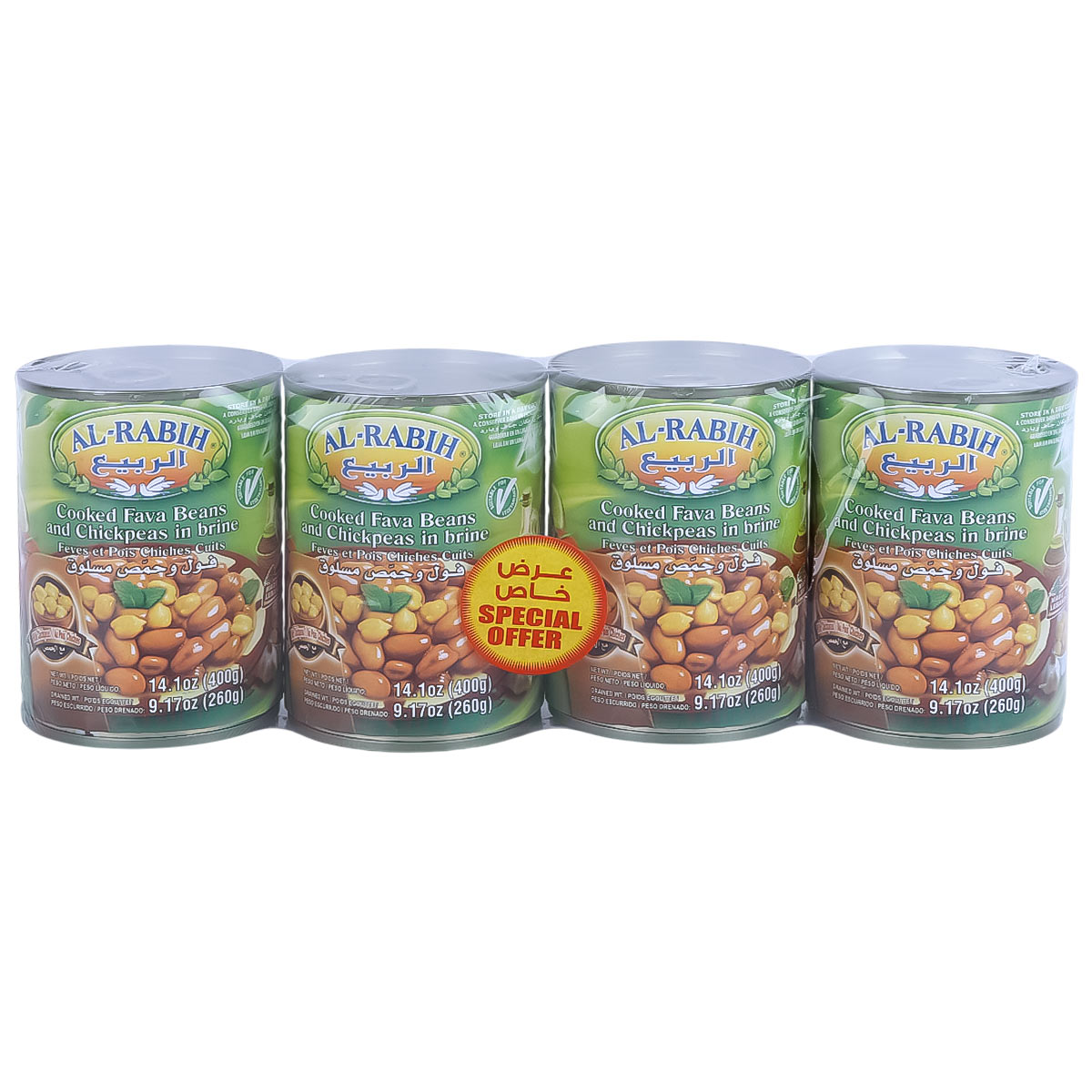 Al Rabih Cooked Fava Beans & Chickpeas in Brine 4x400g Assorted