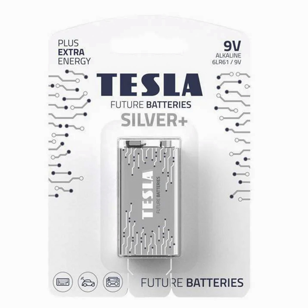 Tesla Alkaline 9V Battery Silver+