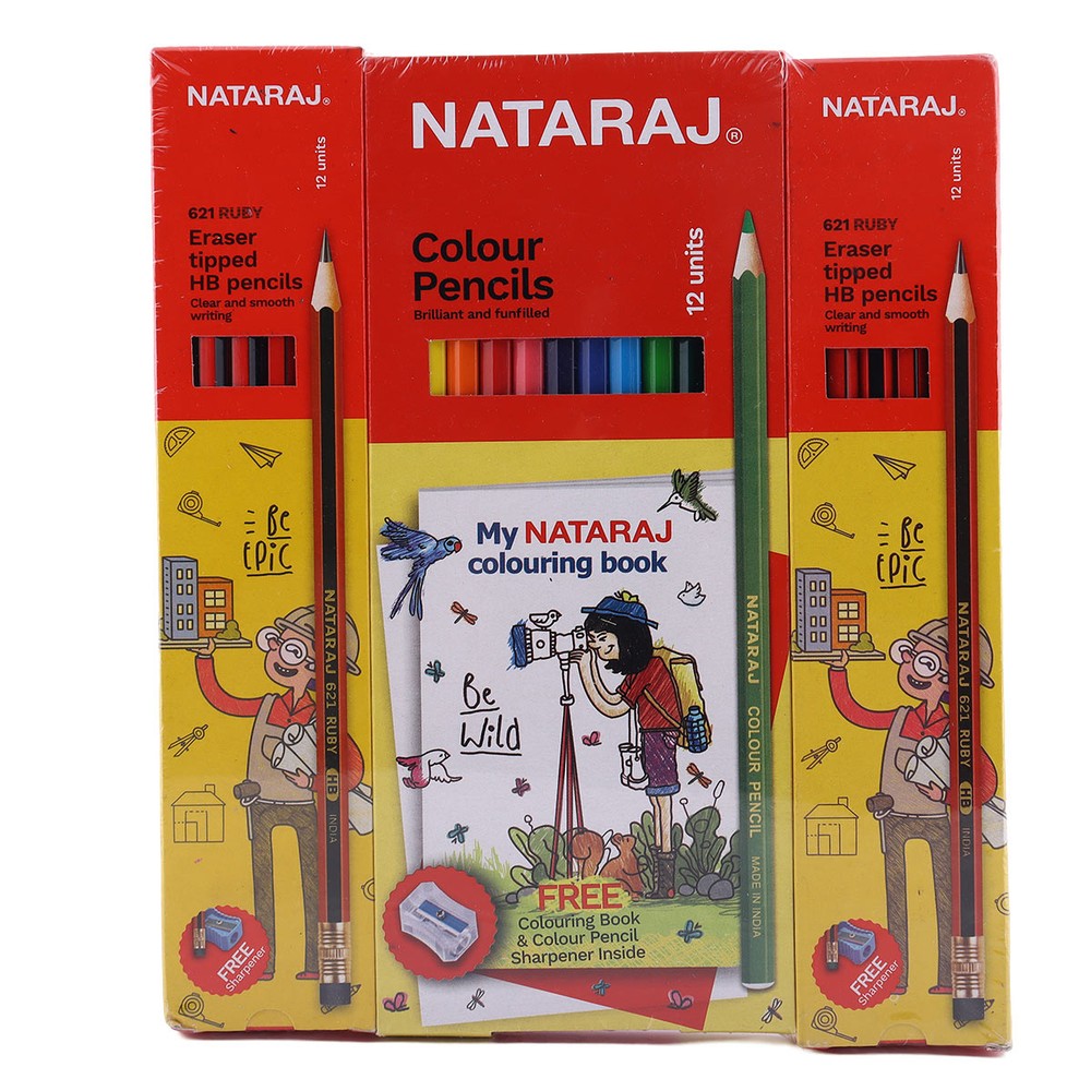 Nataraj HB Pencils 2 Pack Plus Colour Pencils 12 Pieces