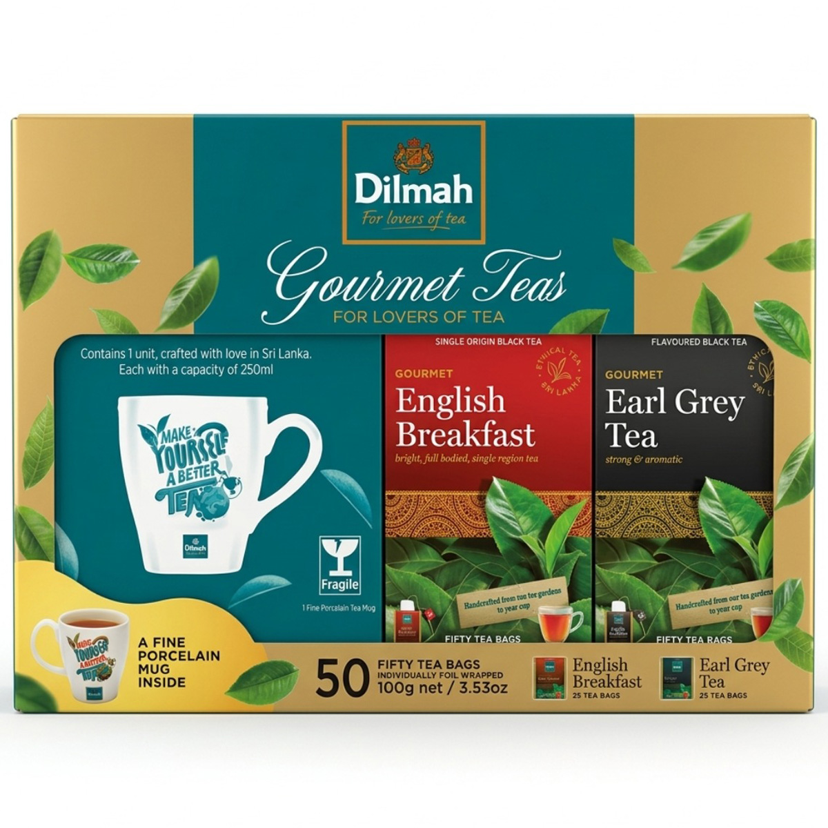 Dilmah Gourmet English Breakfast and Earl Grey Tea with Porcelain Mug 50 Bags
