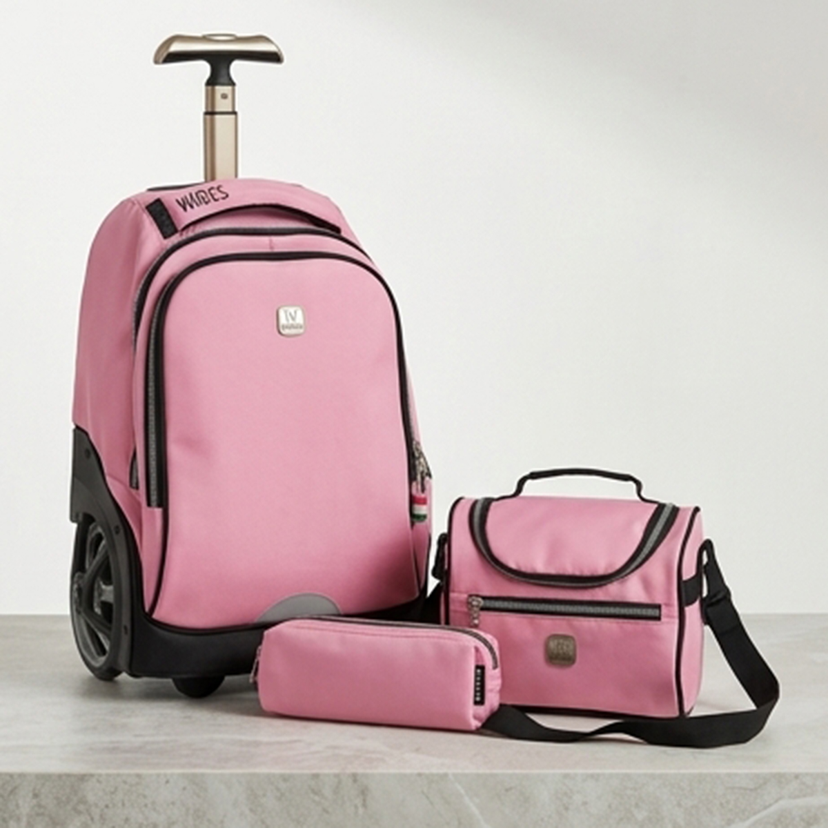Big Wheel Rolling Backpack, Lunch Bag & Pencil Case Set Pink